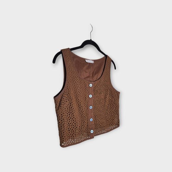 Everlane Womens Walnut Brown Eyelet Crop Top XS Sleeveless Button Front - Picture 3 of 8